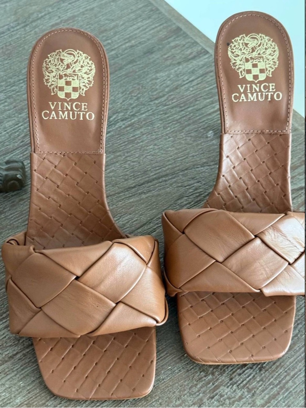 Vince Camuto Cognac Brown Woven Leather Slide Mules - Picture 2 of 4